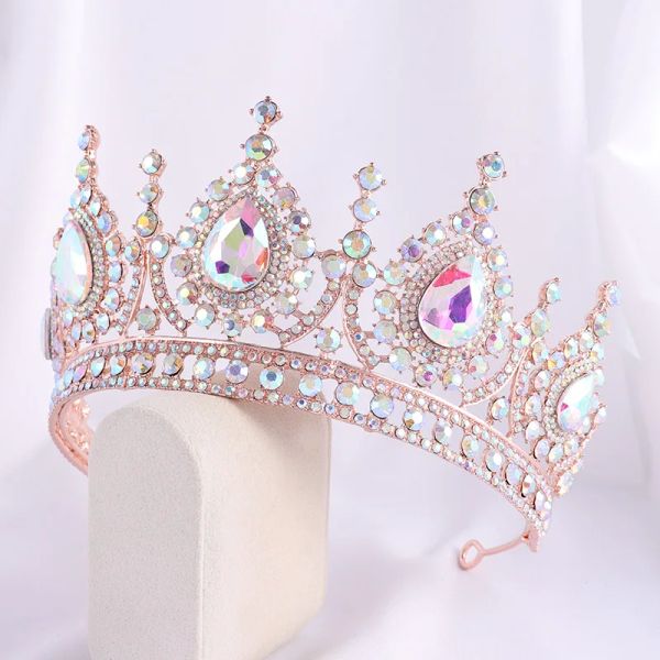 Baroque Rose Gold AB Color Rhinestone Crystal Queen Crown With Earrings Wedding Tiaras Women Beauty Pageant Diadem Hair Jewelry