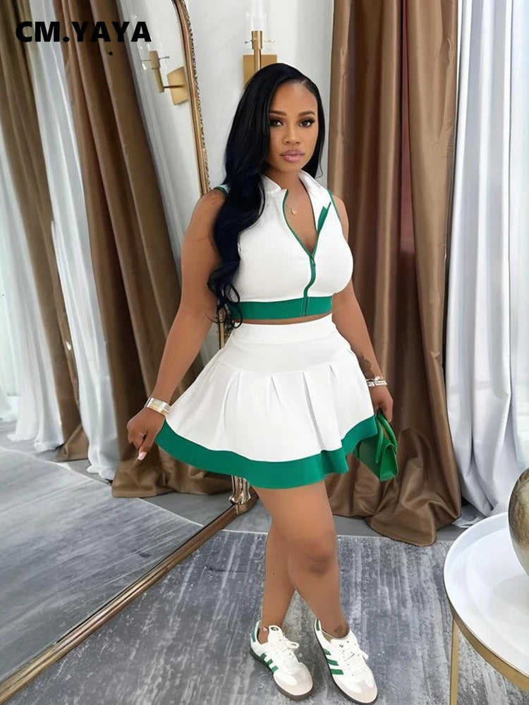 CMYAYA Womens Set Sleeveless Vneck Vest Pleated Skirts 2025 Summer Cute Street Beach Two 2 Piece Sets Outfits Tracksuit 250611