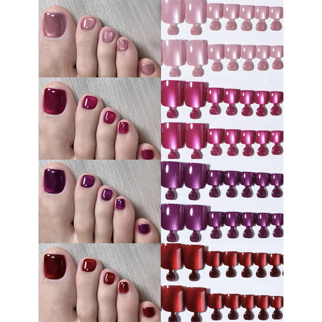 TEMU 98pcs(4mixed)y2k Square Glossy Aesthetic Blood-red Cat Eye Acrylic Press On Toenails Short Fit False Nails Set,