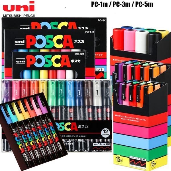 Markers UNI POSCA Marker Pen Set Acrylic Plumones Rotuladores PC-1M 5M 8K 17K 7-8-15 Colors POP Poster Pen-Graffiti Advertisement Art 231030