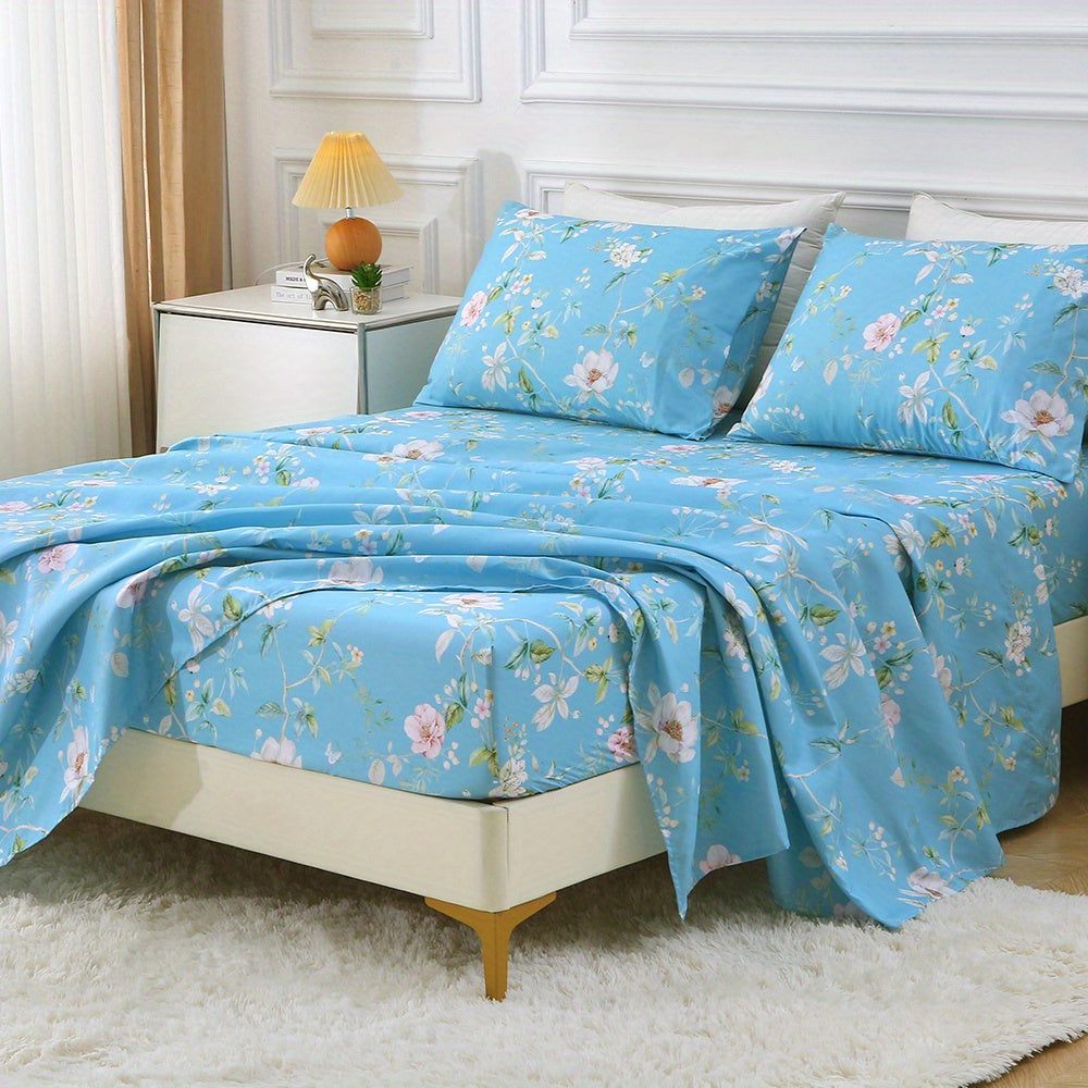 TEMU 4pcs 2000tc Flower Printed Bed Sheet Set-bed Sheet Sets With 1 Flat Sheet, 1 Fitted Sheet, And 2 Pillowcases - Hotel Luxury Breathable Bedding
