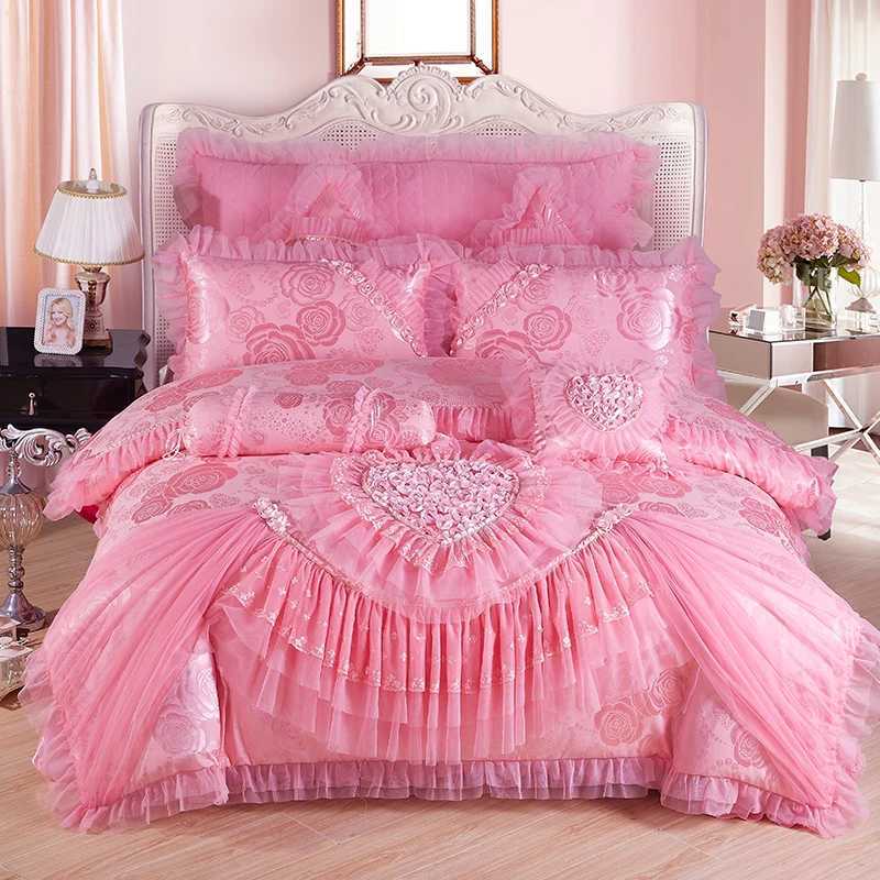 Pink Lace Princess Wedding Bedding Set King Queen Size Luxury Jacquard Stain Cotton Duvet Cover Bed Sheet PillowcasesXJ250220