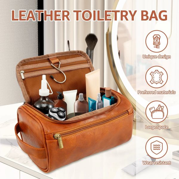 Men Business Toiletry Bag Leather Portable Toiletries Storage Bag Large Capacity Hanging Travel Waterproof Shaving Cosmetic Bag 250109