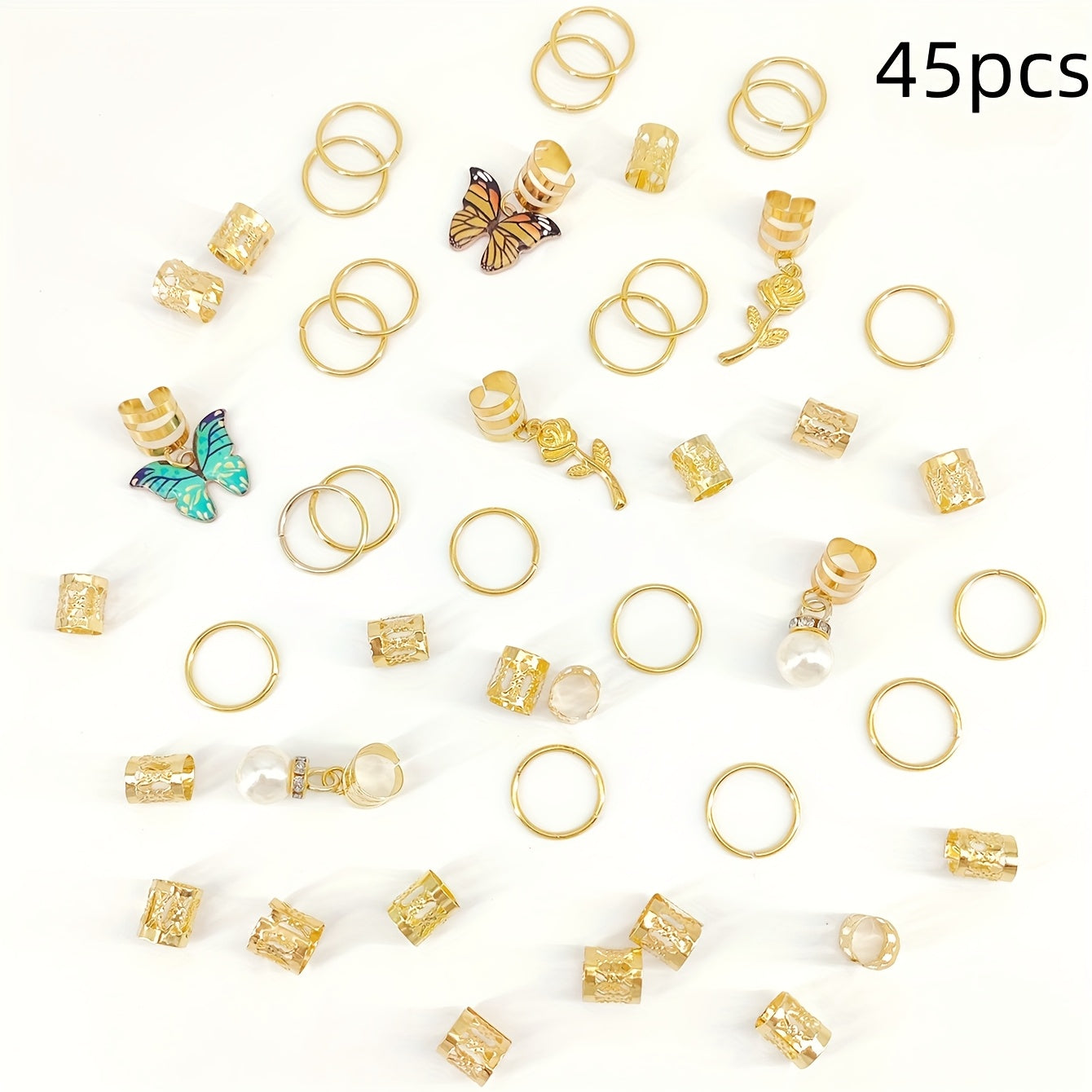 TEMU 45pcs Boho Style & Rose Dreadlock Clips - Colorful Crystal Pendants, Pearl & Metallic Beads, Star Charms For Braids And Curls - Versatile Hair