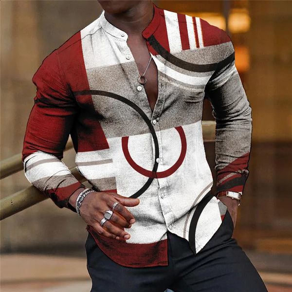 Music striped pattern 3D printed casual versatile loose and fashionable stand up collar long sleeved shirt MB12 240816