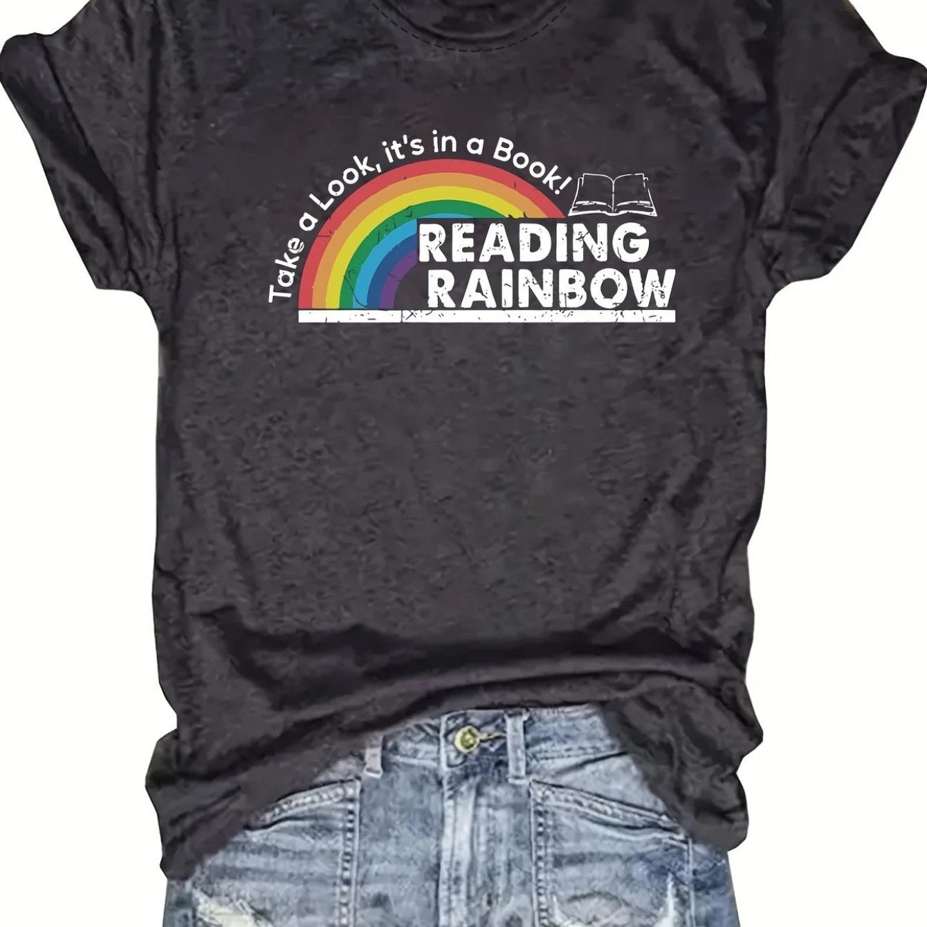 TEMU Women's Oversized T-shirt - Book Graphic Tee With "take A Book, Read " & Rainbow & Books Print - 100% Relaxed Fit Round Neck Short Sleeve Casual