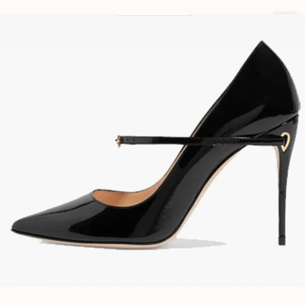 Dress Shoes French Fashion Perforated Hole Heels Crossed Ankle Strap Pumps Patent Leather Office Lady Pointed Toe Banquet High