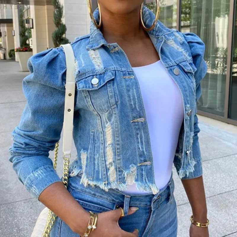 Women Hole Denim Jacket Outerwear Puff Sleeve Turn Down Collar Single Breasted Female 2024 Casual Vintage Short Jean CoatX240920