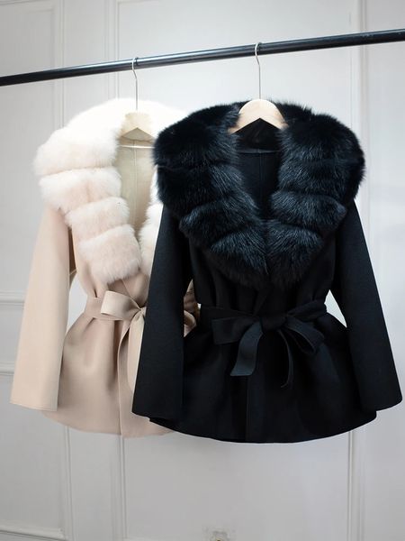 Janveny Wool Coat Women Winter Autumn Cashmere Coats y Real Fox Fur Collar Ladies Elegant Belt n Outwear 241126