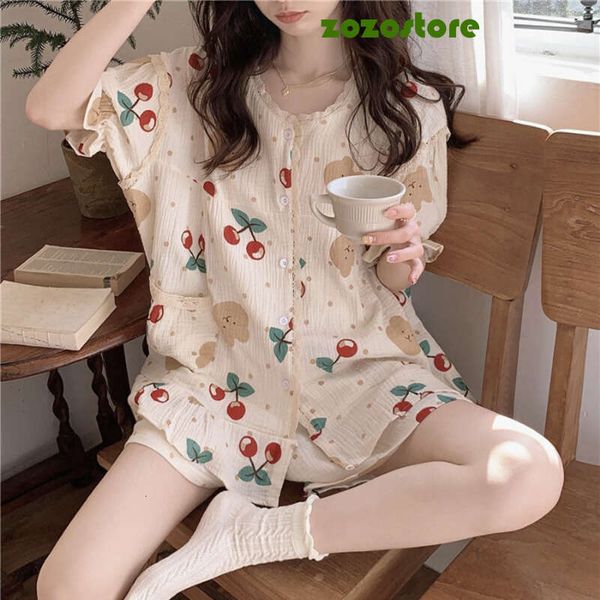 Summer Women Pajamas Loungewear Set Student Japanese Sweet Pajamas Loungewear Bubble Crinkled Cloth Baby Cotton Loungewear Set B1