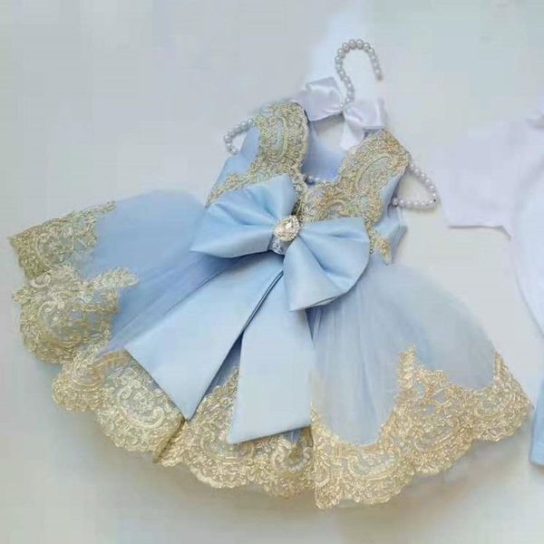 Blue Lace Flower Girl Dresses Girls Beaded Birthday Party For Wedding Custom Made Floral Appliques Skirts Baby Pageant Dress Kids Gowns 403