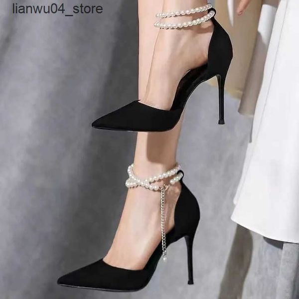 Sandals 2024 Summer New Bridesmaid Pearl Bow Black Thin Heel High Heel Shoes Elegant High Heel Pointed Womens Single Shoes women shoes H2501