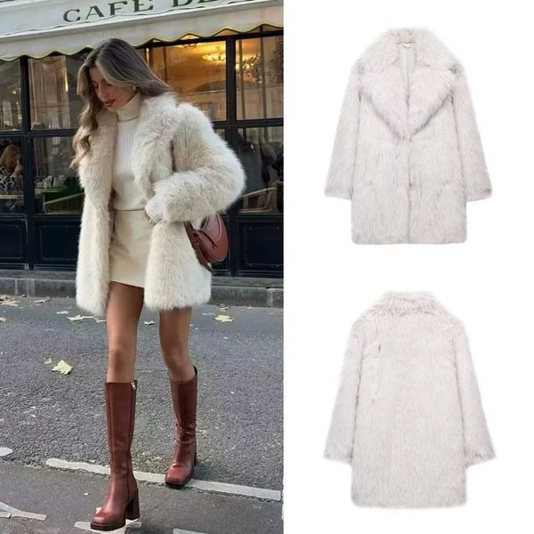 Fur Faux Taop Faux Fur Effect Lapel Pérmico solto Jaqueta quente versátil 2024 AutumnWinter New Womens Clothing H241114