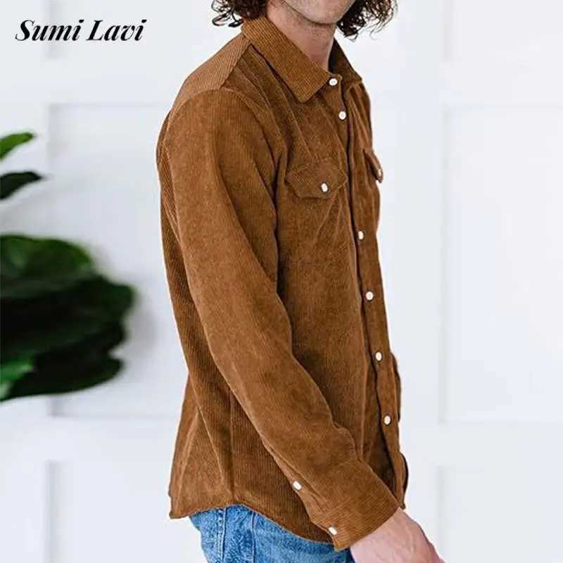 Autumn Daily Casual Solid Color Mens Shirt Corduroy Ribbed Long Sleeve Shirts For Men Vintage Button Turn-down Collar Shirt M240921