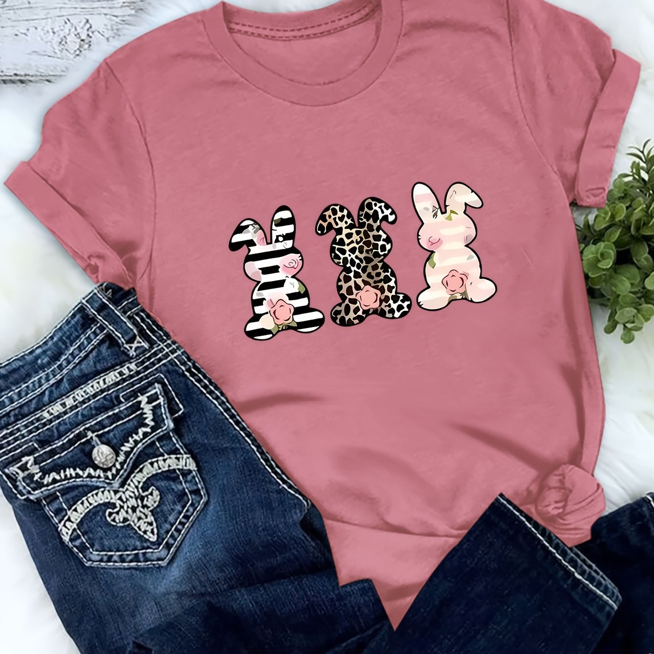 TEMU Women's Casual Short Sleeve Crew Neck T-shirt - Black Cartoon Rabbit Graphic Print With Pink & Yellow Bunnies, Polka Dots, Stripes & Leopard