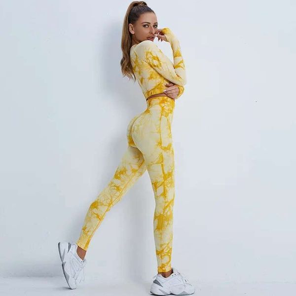 Yoga Tie Dye Active Wear Fiess Long Sleeve Top And Leggings Seamless Workout Clothes Sport Two Piece Gym Set Women