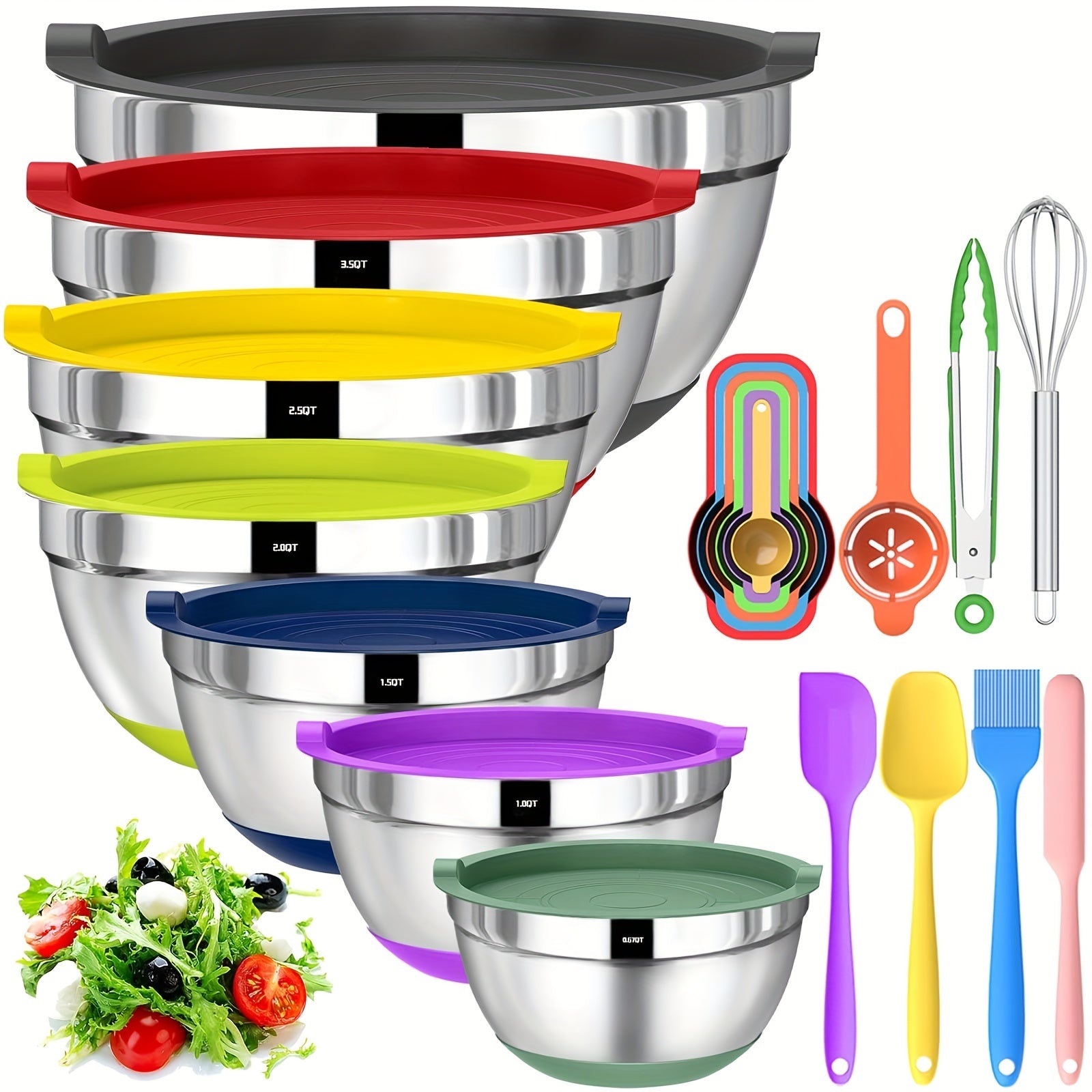 TEMU 20pcs Mixing Bowls With Airtight Lids, Stainless Steel Metal Nesting Bowls, Non-slip Colorful Silicone Bottom, Size 7, 3.5, 2.5, 2.0, 1.5, 1,