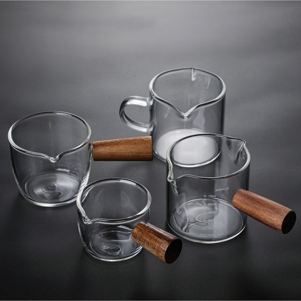 Multi-functional Kitchen Measure Mug Wood Handle Glass Espresso Measuring Cup Double-Single Mouth Milk Jug Coffee Supplies Clear