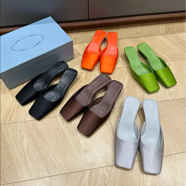 Top quality Real silk Square-toe mules Low-heels slipper slides sandals for womens Green brown black orange Scuffs Luxury designer heeled Va