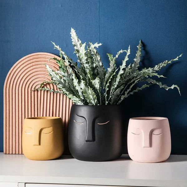 Planters Pots Vases Home Decor Flower Pot Nordic Human Face Buddha Ceramic Vase Room Art Sculpture Arrangement Green Planters H241206