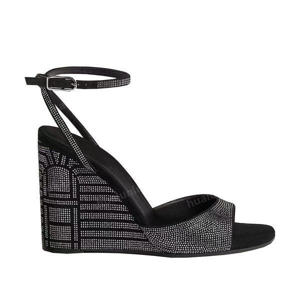 High quality rhinestone Wedge sandals high heels Ankle strap sandal for women strap suede Office Dress shoes luxury designer High heeled sho