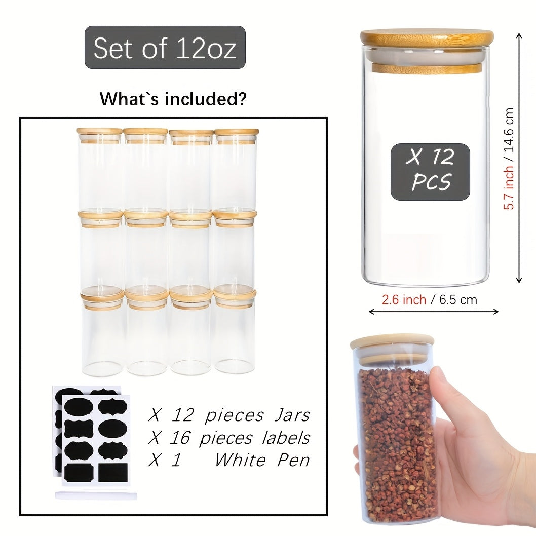TEMU Empty Spice Jars Pack (12x Bamboo Lid Glass Jar). Small 6oz9oz12oz Spice Salt Sugar Storage Bottles With Blank Stickers For Seasoning Containers