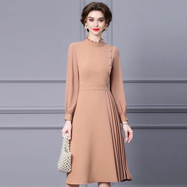 Autumn Womens 2024 New A-line Half High Collar Hundred Fold Long Sleeve Waist Cinching Slimming and Powerful Atmosphere Dress Loose Silk Dre