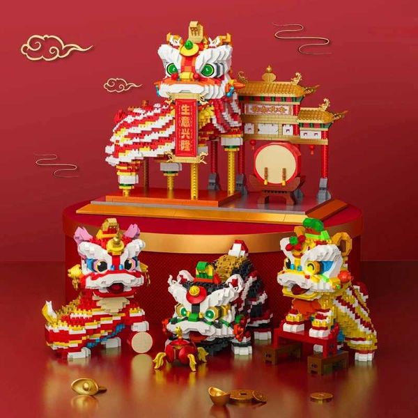 Blocks Chinese Lion Dance Building Ano Novo Festival de Primavera Presente Criativo Desktop Decoração Educacional Diy Toys Toys para Kid H24