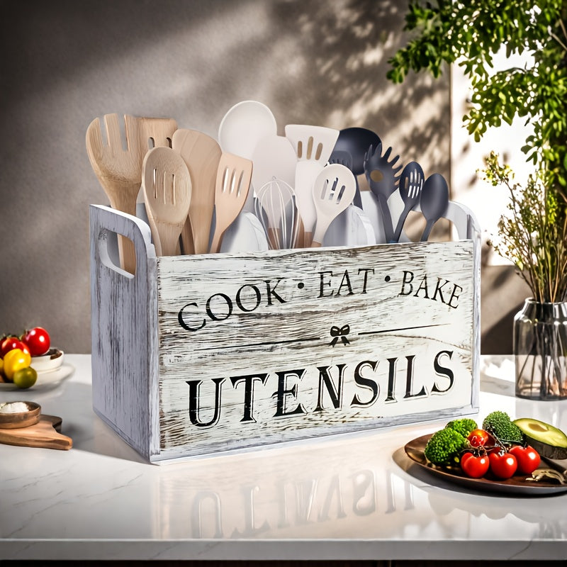 TEMU Rustic Style Wooden Kitchen Utensil Organizer, 3 Compartment Storage Box, Countertop Wooden Storage Box, Kitchen Organization And Storage,