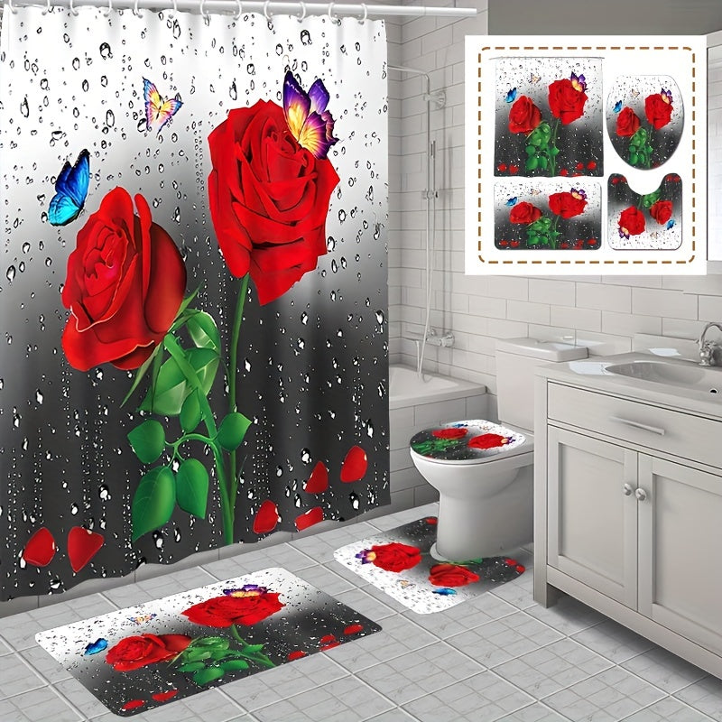 TEMU Extra Long Shower Curtain & Set - Non-slip Bathroom Decor With 12 Hooks, Red Roses & Butterflies, Extra Large 70.8x70.8in Bath Curtain, "x17.7",