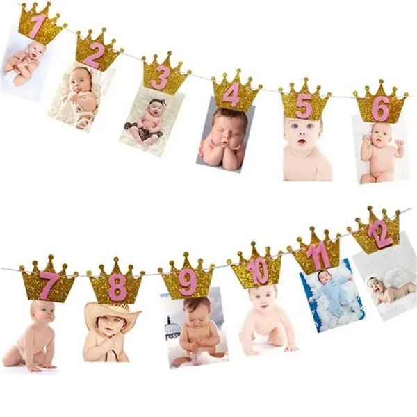 12 Months Photo Frame Banner First Birthday Party Decorations Boy Girl 1st Supplies Y250118