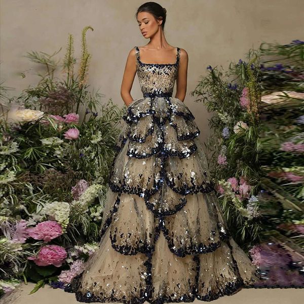 Sparkly Sequined Tiered Ruffles Evening Dresses Mermaid Arabia Square Collar Formal Party Prom Gowns Vestido De Fiesta