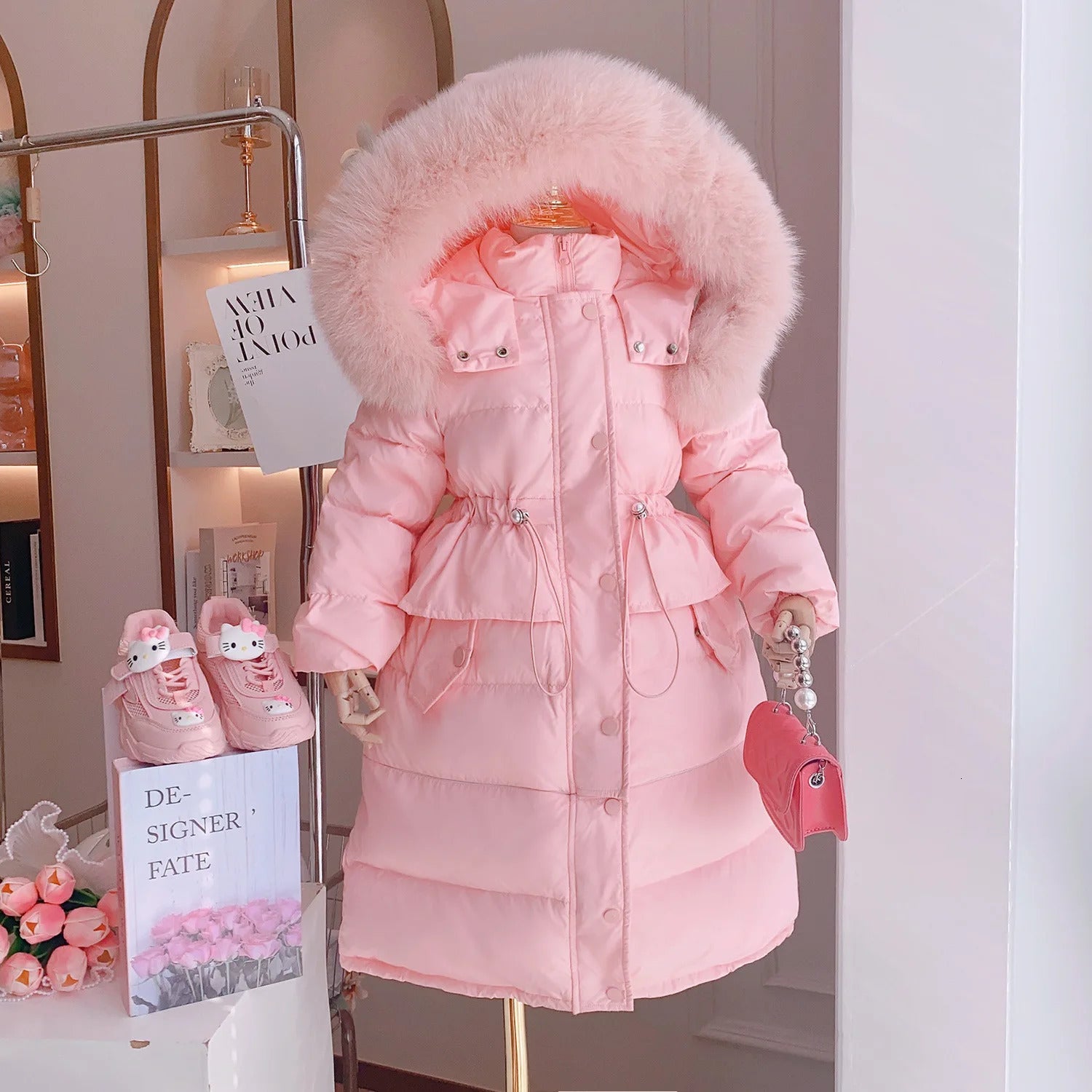 Down Coat 4-12 Years Old Winter Girls Slim Jacket Long Style Hooded Fur Collar Pink Black Color Thicken Coat For Kids Children Outerwear 231219