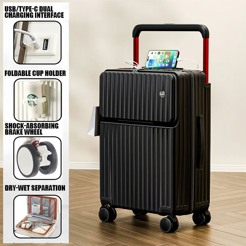 Travel Suitcase with USB-Type - C Dual Charging Foldable Cup Holder Shock Absorbing Brake Wheels Multifunctional Luggage