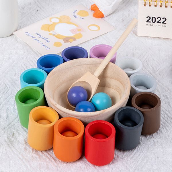 Intelligence toys Baby Montessori Wooden Toy Rainbow Ball And Cups Color Sorting Games Fine Motor Early Education Learning Toys Gifts For Ch