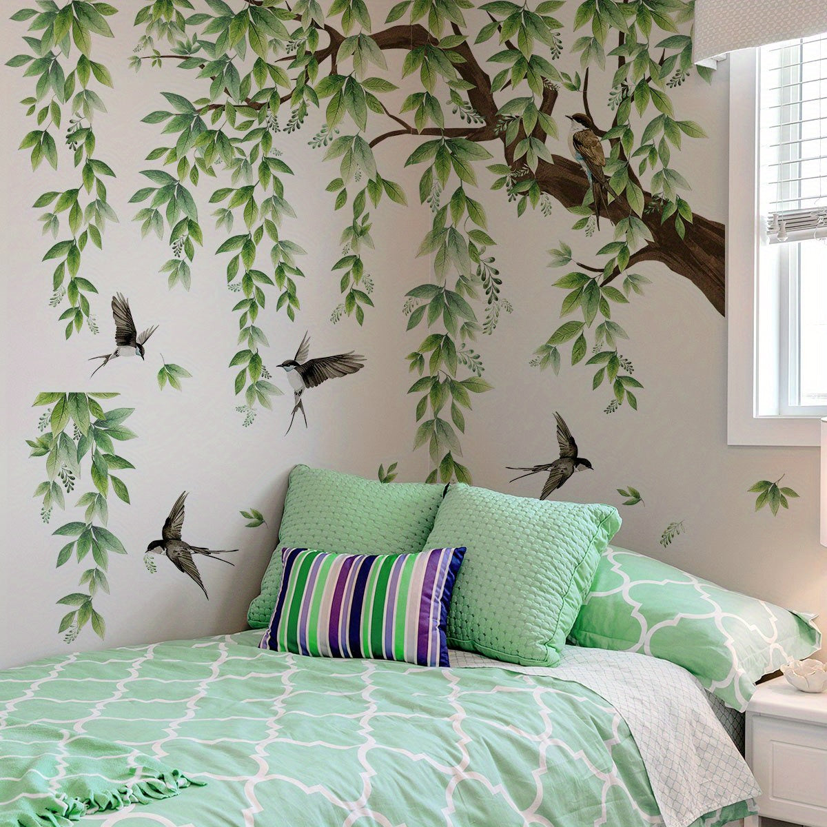 TEMU 4-pack Hand-painted Bird & Tree Branch Wall Decals - Realistic , Self-adhesive Removable Plastic Stickers For Living Room Bedroom Decor, Art,