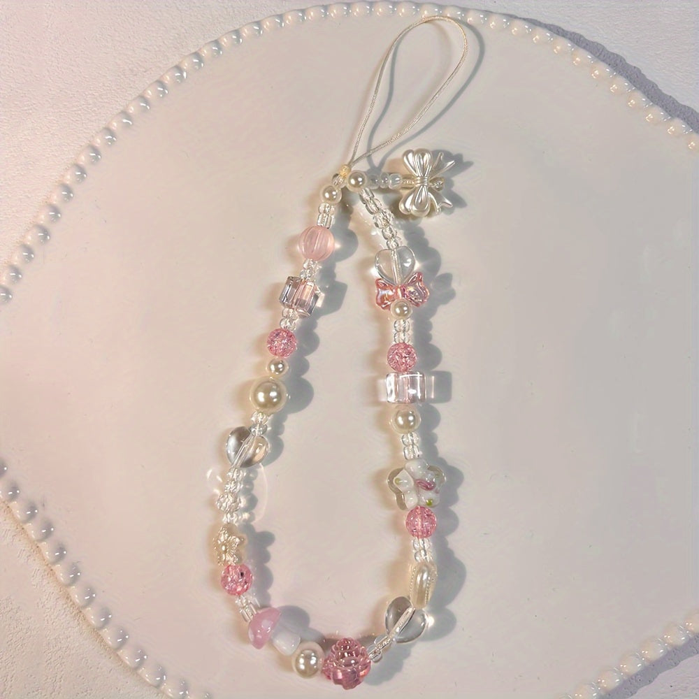 TEMU 1pc Elegant Acrylic Bead Phone Charm, Knot Glass Flower Bead Pendant, Fashion Accessory For Handbags, Cameras, Cell Phone Straps