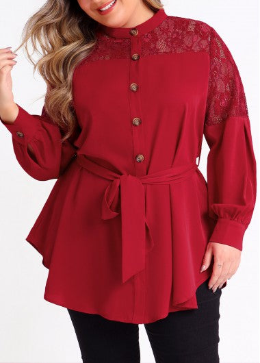 Modlily Plus Size Asymmetric Hem Wine Red Blouse - 1X