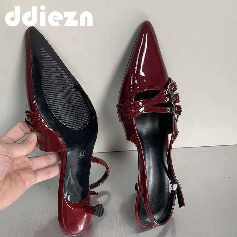 Ladies High Slides For Sandals Fashion Wine Red Women Thin Heels Shoes Buckle Strap Shallow Female Pumps Footwear