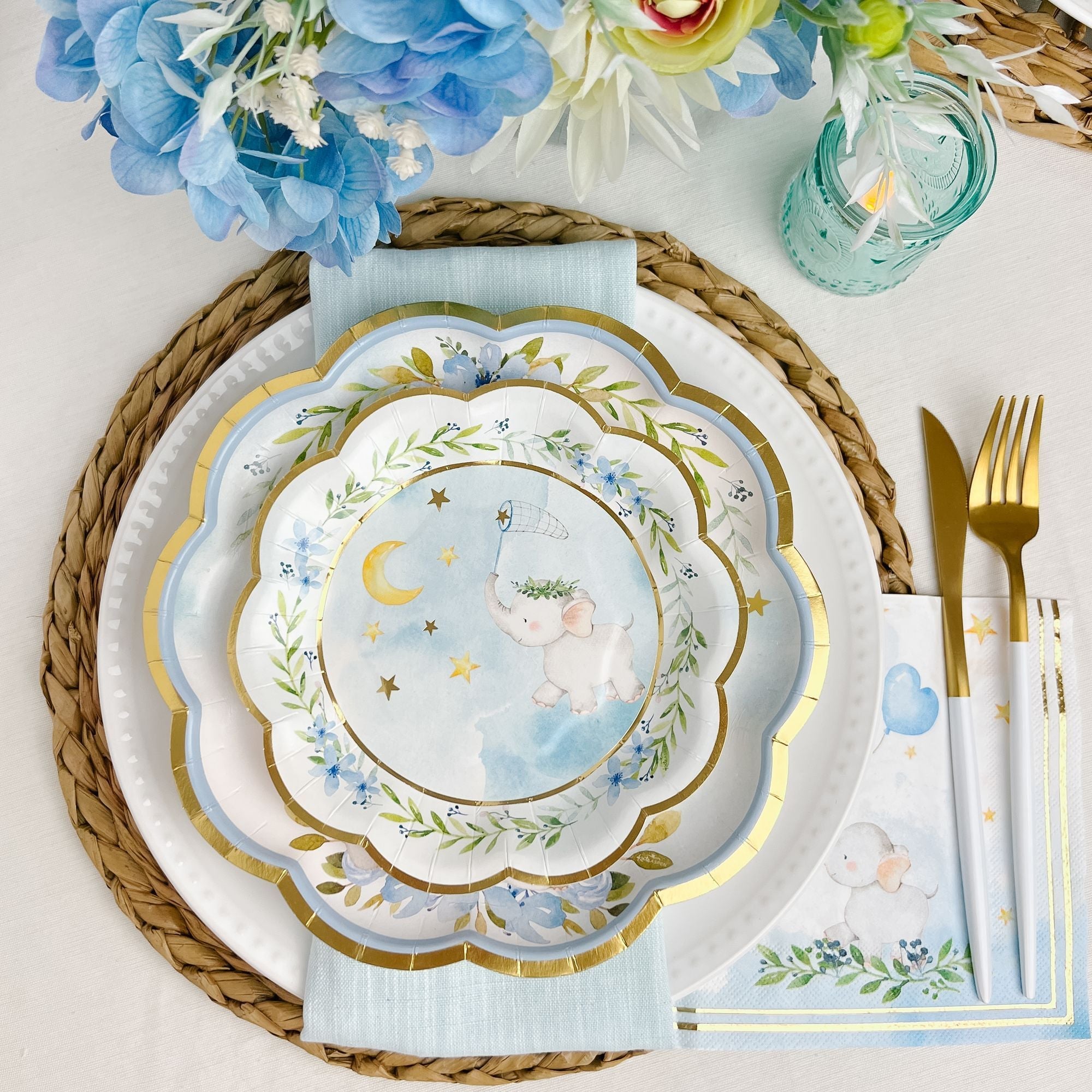 Blue Elephant Baby Shower 7 in. Premium Paper Plates (Set of 16)