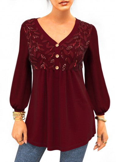 Modlily Wine Red Lace 3-4 Sleeve Split Neck Blouse - S
