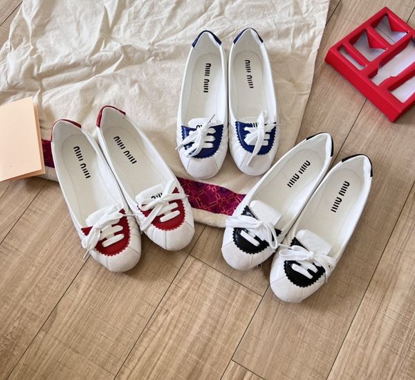 Designer Lether Ballet Flat Shoes Miumu Lace-up Casual Style Logo Flats Women Luxury canvas shoe Yoga Dance Dress Loafer Shoes Size 35-40 TS