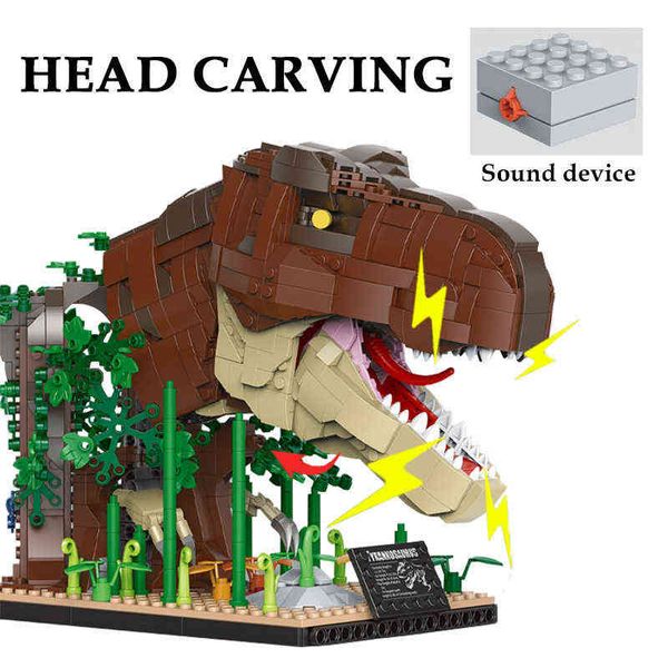 Jurassic Dinosaur World Tyrannosaurus Rex Head Carving Model Building Bloc Goth Beast Dino Park Figures With Sound Bric Toys T220901