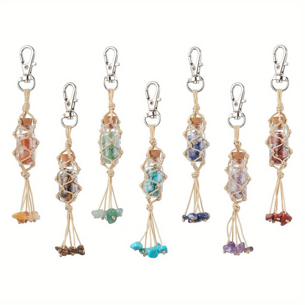 TEMU 7pcs-set Glass Wishing Bottle Inside Chakra Stone Chip Pouch Pendant Decorations, Braided Nylon Thread Tassel Hanging Ornaments, 115mm