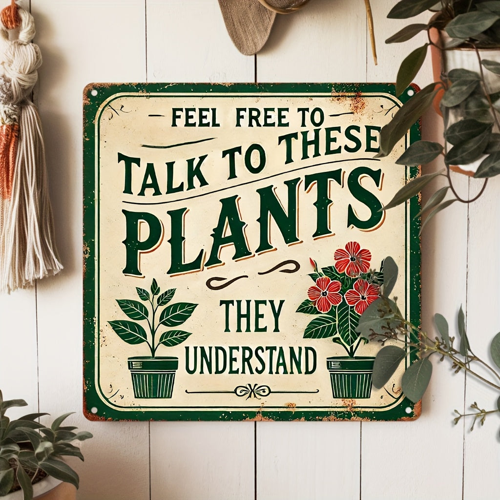 TEMU [2d Flat] Vintage-style ' To Talk To Plants' Metal Sign - 8x8 Inch | Rustic Wall Decor For Indoor & Outdoor | Ideal Gift For Plant Lovers |