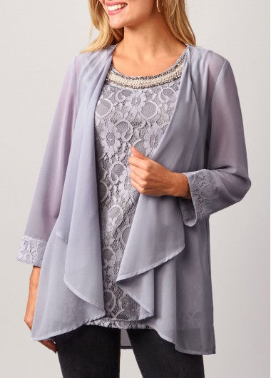 Modlily Lace Patchwork Cardigan and Grey Tank Top - S