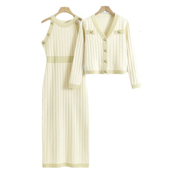 Korean Style Autumn Elegant And Pretty Knitted Suits Long Sleeve Cardigans+Strap Dress Two Piece Woman Clothes Set