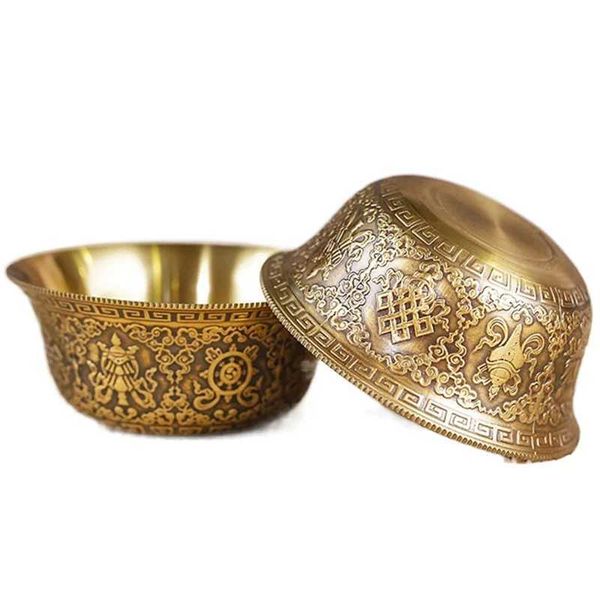 Decorative Plates Relief Pure Copper Drinking Bowl Pure Brass Carved Auspicious Tibetan Holy Water Cup Golden Buddhist Bowl Homes Gift Decor