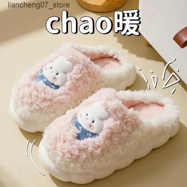 Slippers Cute scarf rabbit cotton slippers suitable for both men and women. Winter indoor thick sole with warm and fluffy couple slippers J2