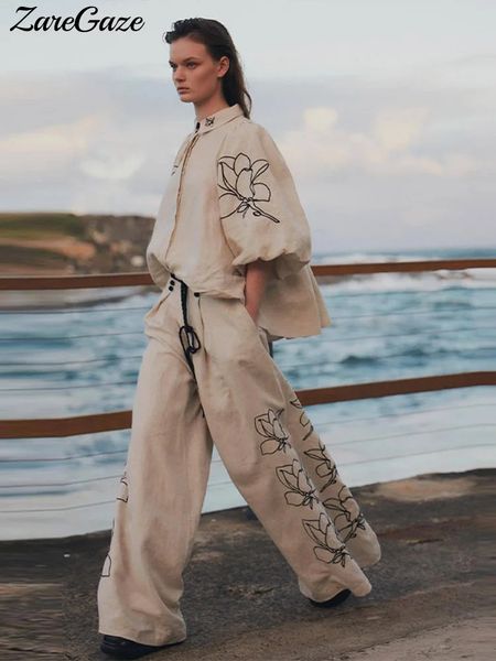 Fashion Cotton En Printed Pants Suit Women Retro Bubble Sleeve Lapel Shirt Pleated Wideleg Pant Spring Summer Suits 22